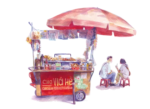 Illustration au crayon de couleur du stand de cuisine de rue Chợ Vỉa Hè.