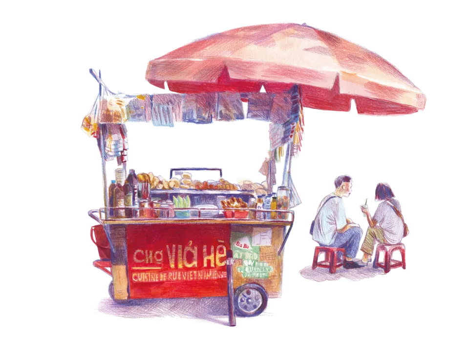 Illustration au crayon de couleur : le stand de cuisine de rue Chợ Vỉa Hè, parasol, marmites fumantes et clients sur tabourets.